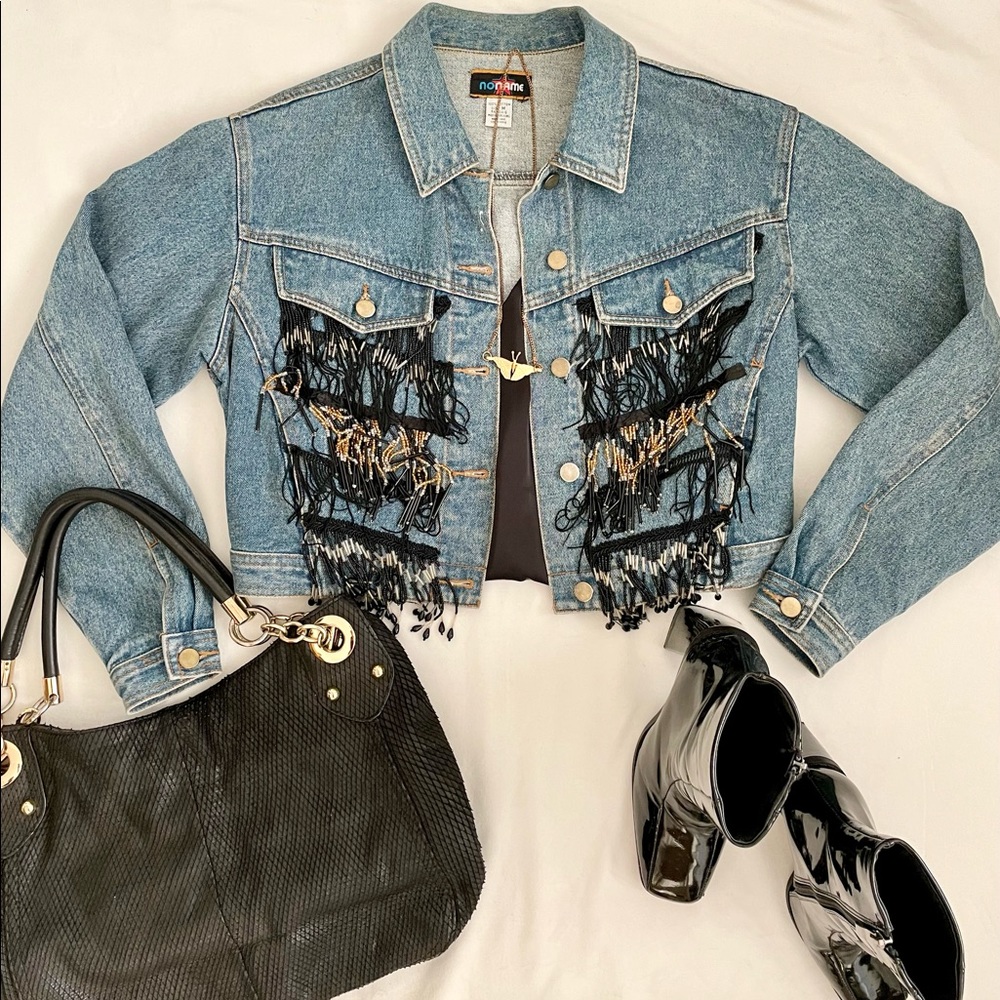 Vintage Cropped Denim Jacket w/ Beaded Fringe by "Noname" (1980 - 1990)